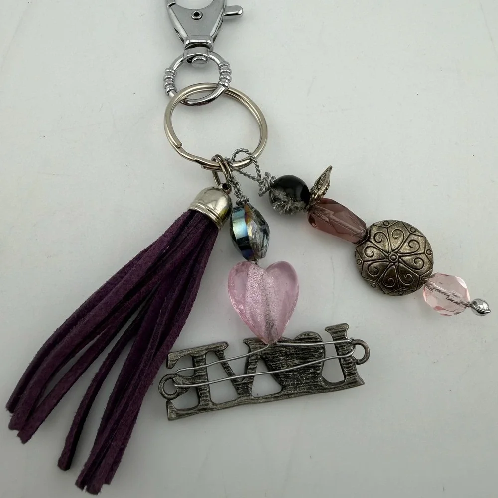Handmade Keychain Purse Charm Keychain Purple Love‎ Heart Tassel Rhinestone